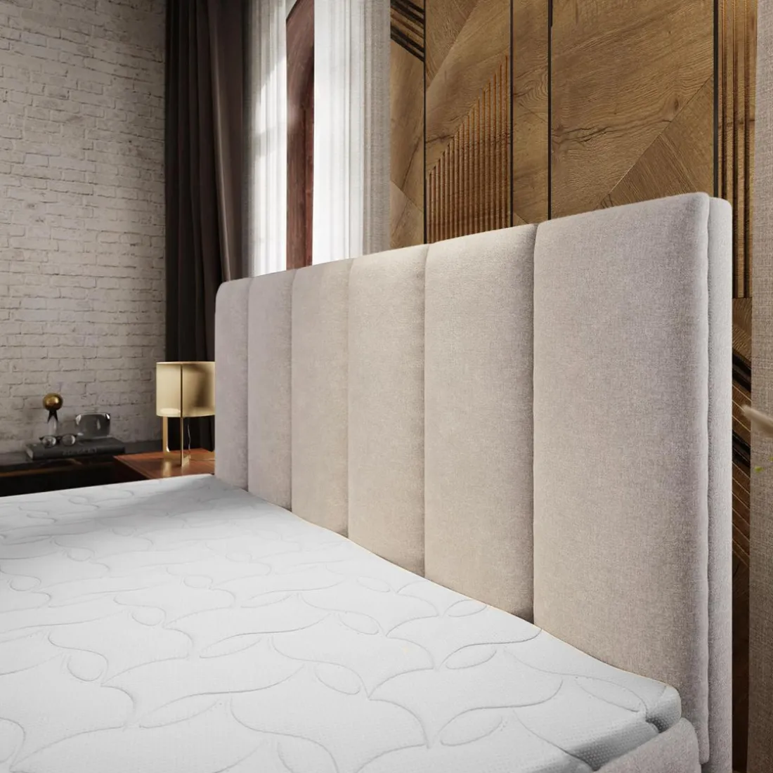 Lit boxspring avec matelas et sur-matelas inclus MERIL 180x220cm Tissu Beige