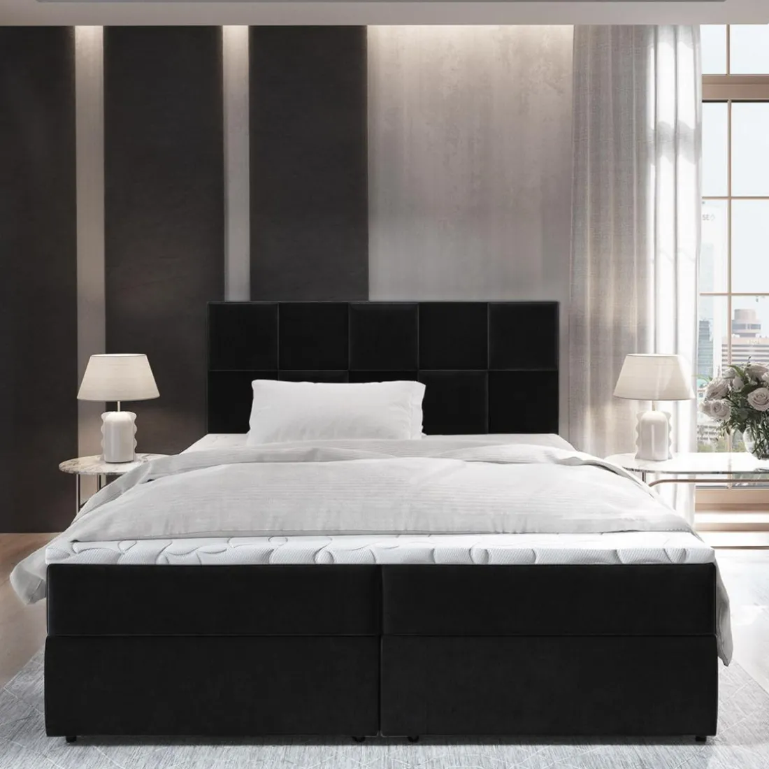 Lit boxspring avec matelas et sur-matelas inclus PRATA 180x220cm Velours Noir