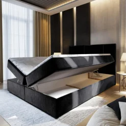 Lit boxspring avec matelas et sur-matelas inclus PRATA 180x220cm Velours Noir