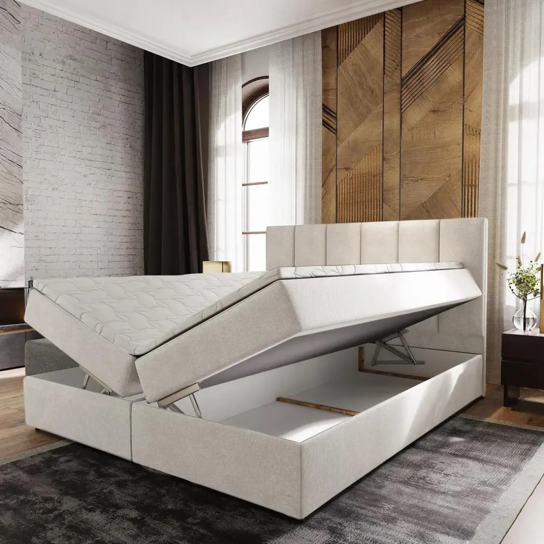 Lit boxspring avec matelas et sur-matelas inclus MERIL 160x200cm Tissu Beige