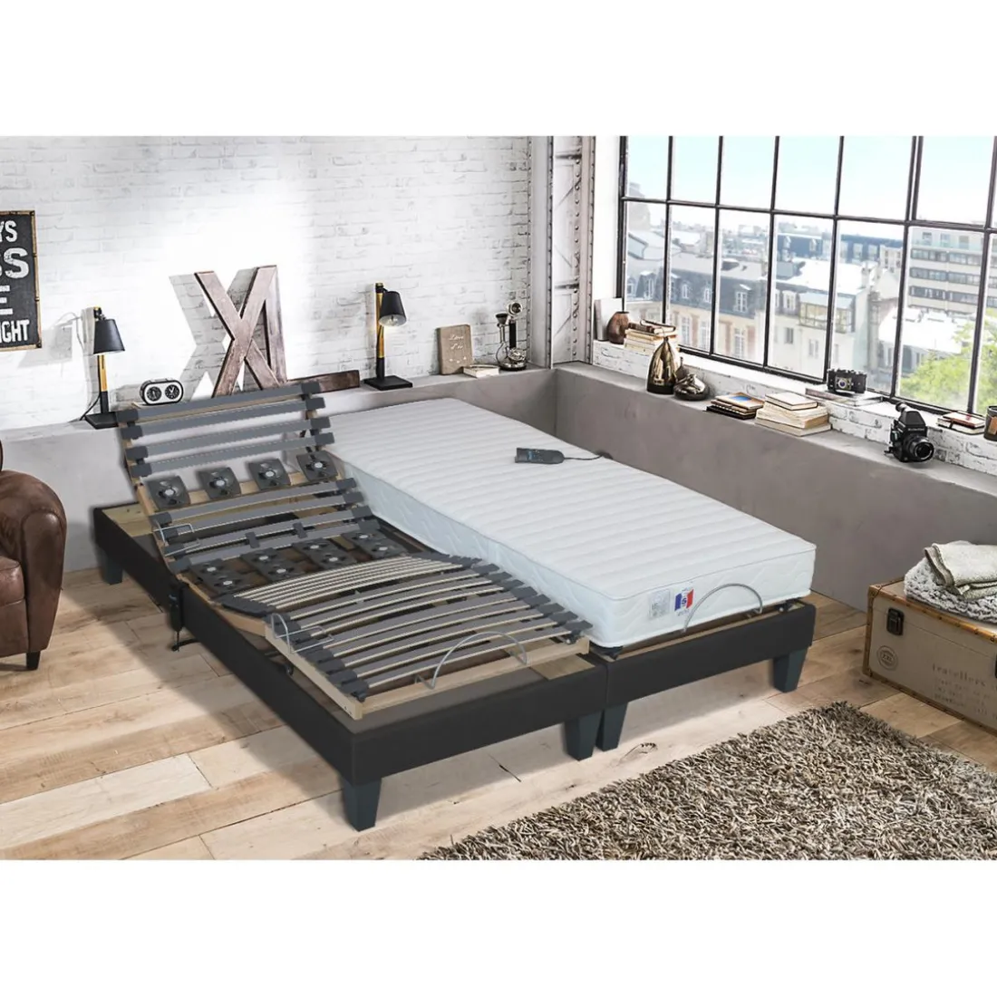 Lit de Relaxation Matelas Latex et Sommier Electrique à Lattes et Plots AINA