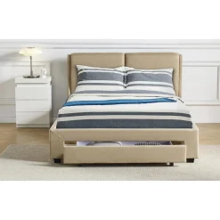 Lit Double FROWELL Avec Tiroir De Rangement Intégré Et Sommier 140x190cm Tissu Beige