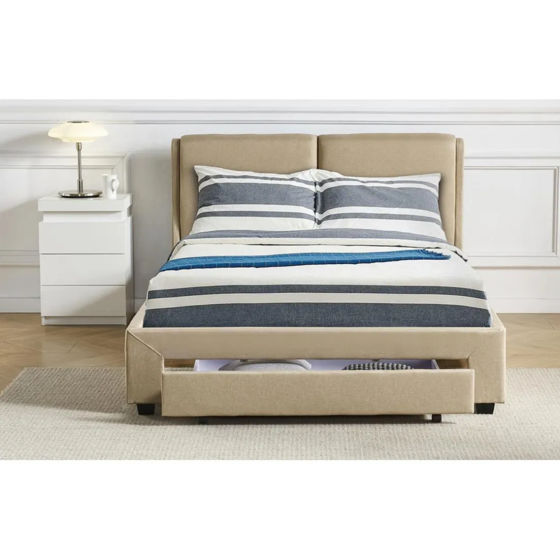 Lit Double FROWELL Avec Tiroir De Rangement Intégré Et Sommier 140x190cm Tissu Beige