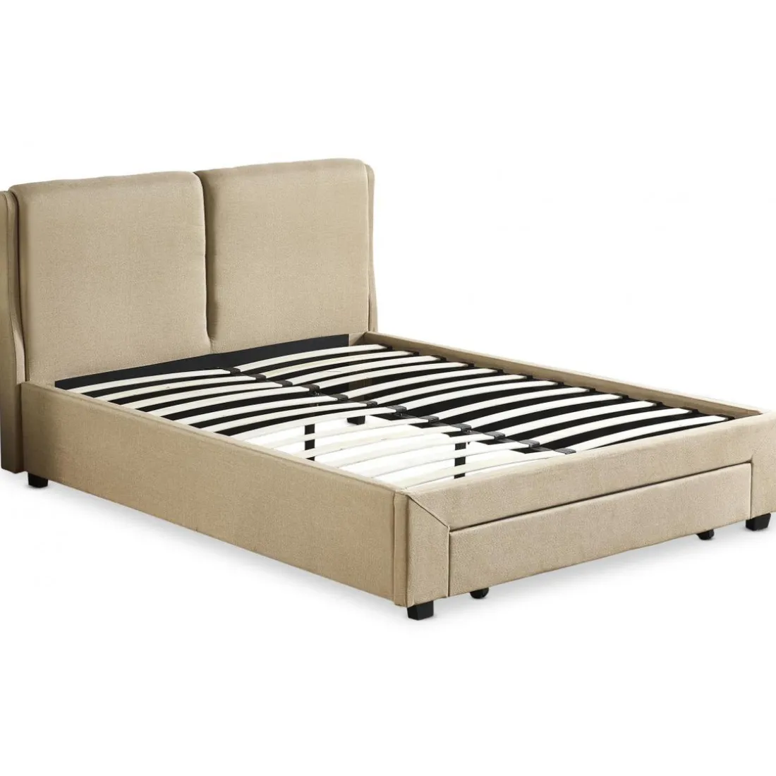 Lit Double FROWELL Avec Tiroir De Rangement Intégré Et Sommier 140x190cm Tissu Beige