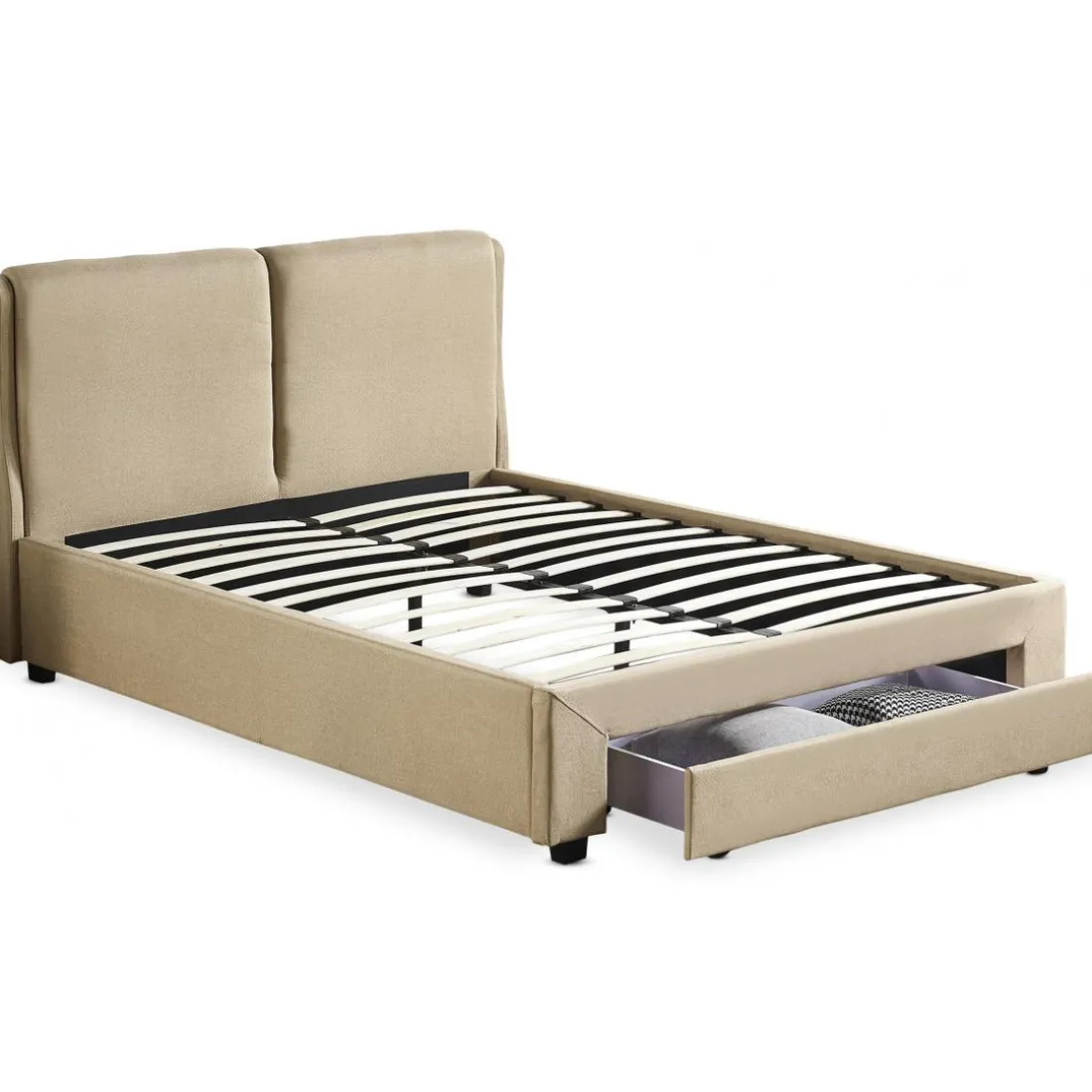 Lit Double FROWELL Avec Tiroir De Rangement Intégré Et Sommier 140x190cm Tissu Beige
