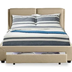 Lit Double FROWELL Avec Tiroir De Rangement Intégré Et Sommier 140x190cm Tissu Beige
