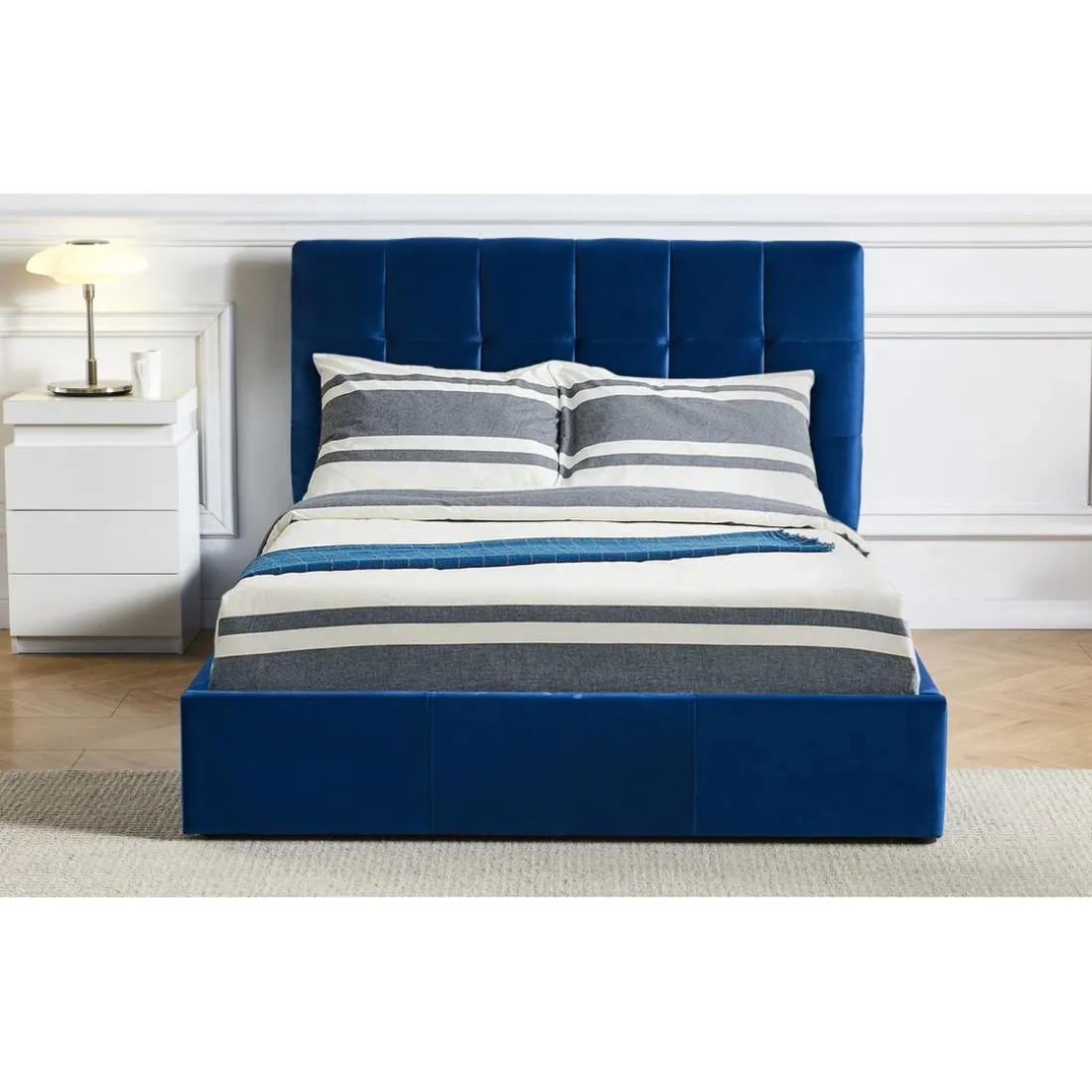 Lit Double LUFTANI Avec Sommier Relevable 160x200cm Velours Bleu