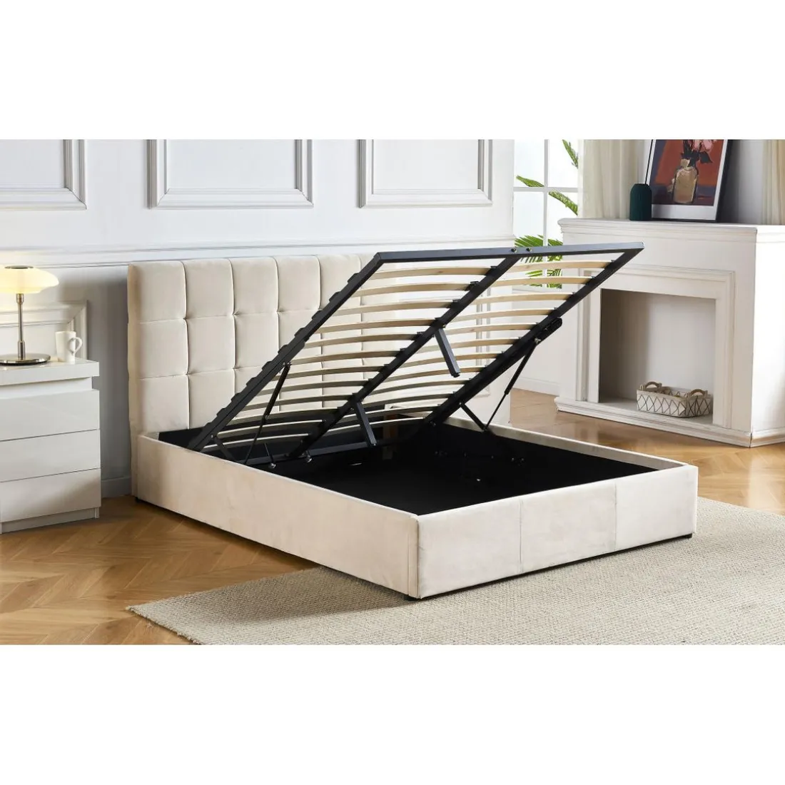 Lit Double LUFTANI Avec Sommier Relevable 180x200cm Velours Beige