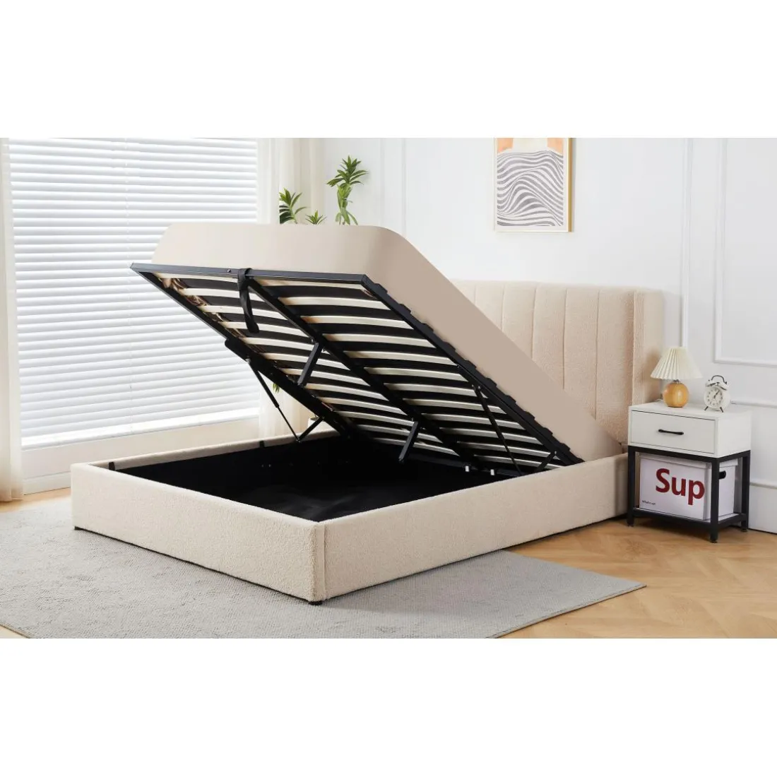 Lit double Magorial avec sommier relevable Tissu Bouclette Crème