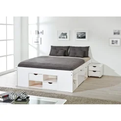 Lit En Pin Massif Avec Espaces De Rangement Mobiles Blanc 160x200 KOLO