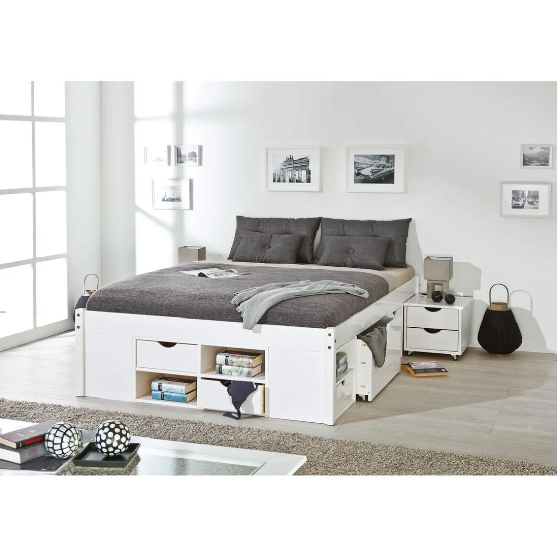 Lit En Pin Massif Avec Espaces De Rangement Mobiles Blanc 160x200 KOLO