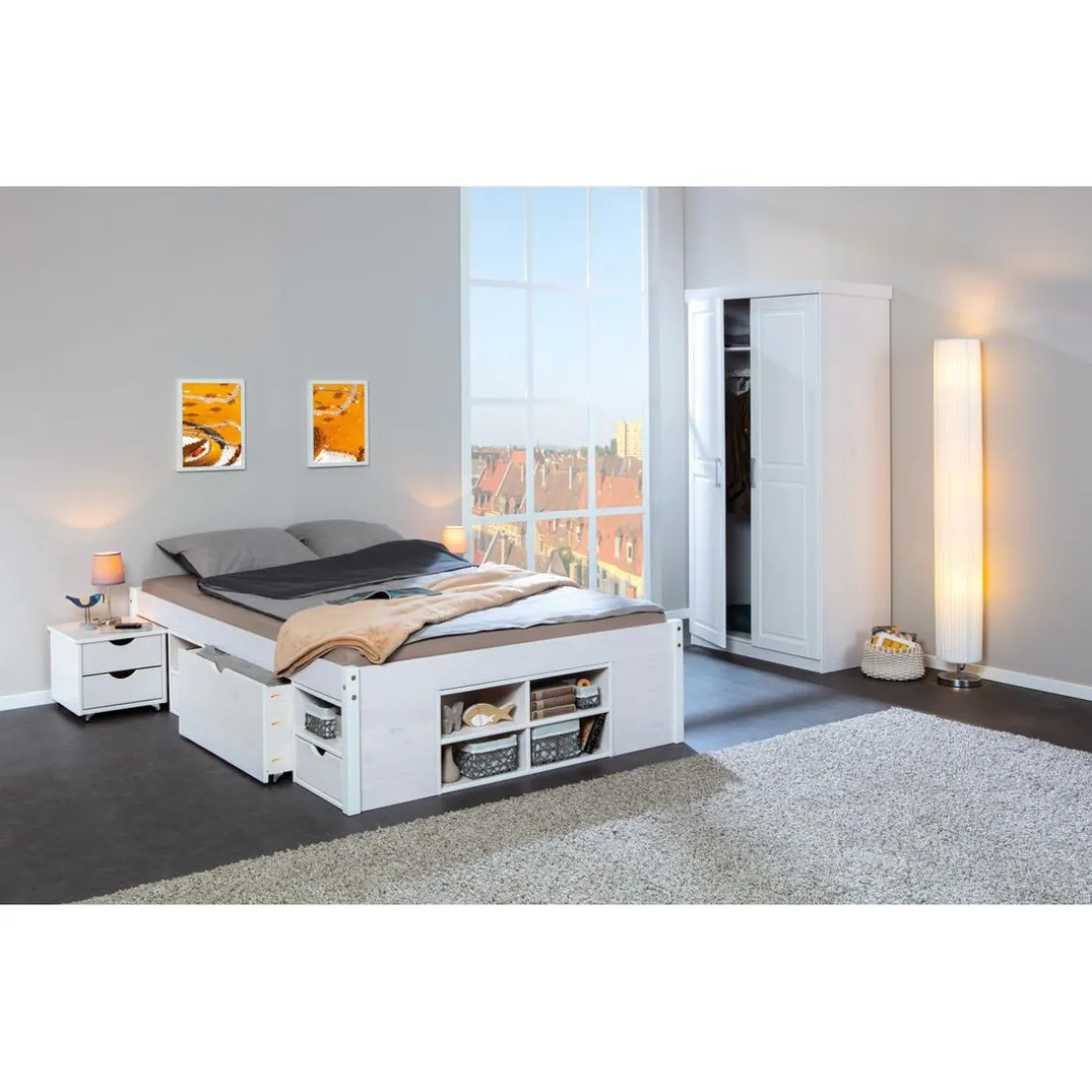 Lit En Pin Massif Avec Espaces De Rangement Mobiles Blanc 160x200 KOLO