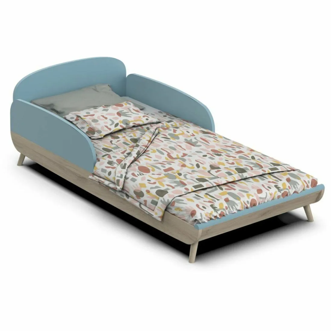 Lit enfant sans barreaux FIRMIANA bleu orage et pin naturel