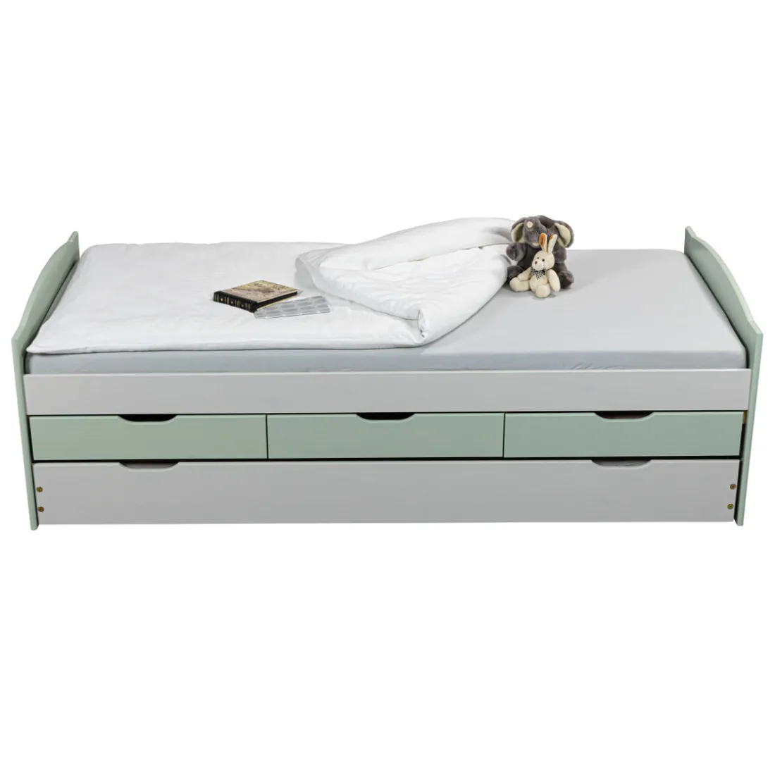 Lit Gigogne en Bois Massif Gris et Vert