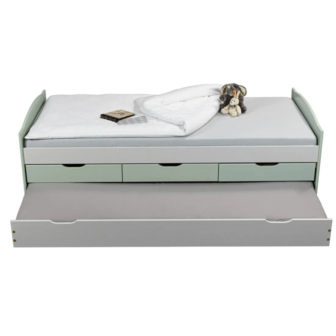 Lit Gigogne en Bois Massif Gris et Vert
