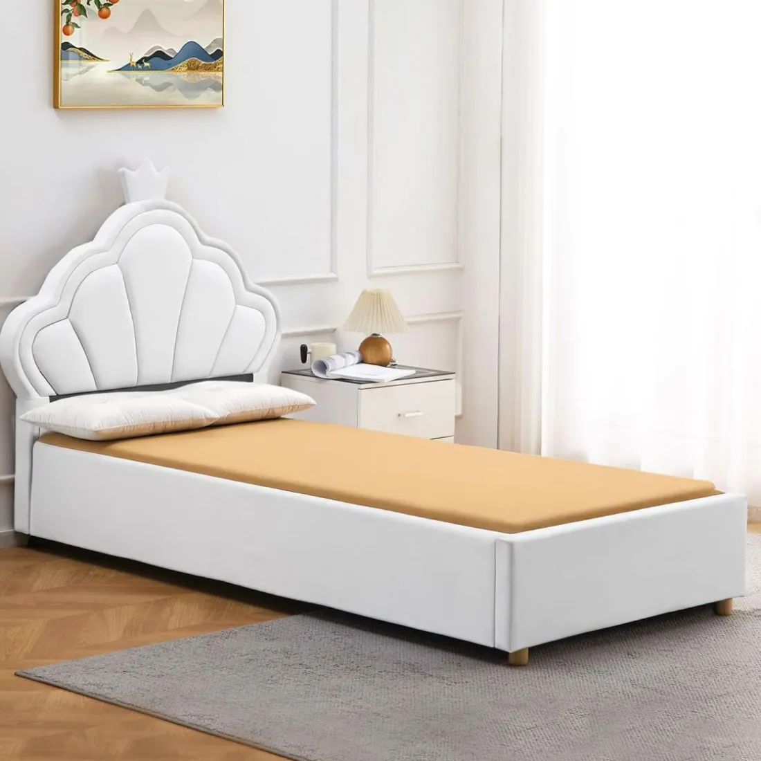 Lit simple avec tête de lit coquillage et sommier relevable Queenie Simili Blanc