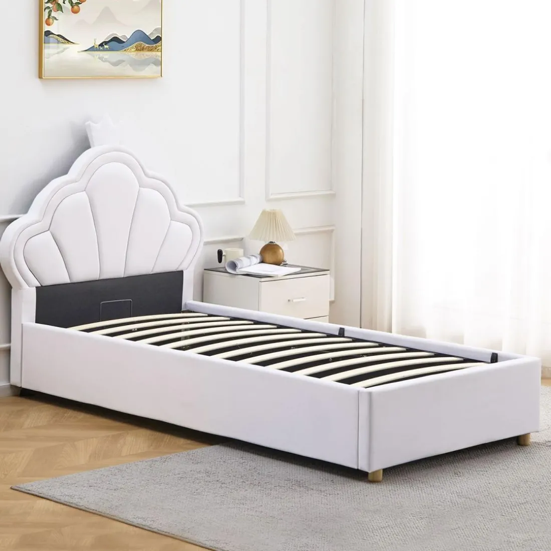 Lit simple avec tête de lit coquillage et sommier relevable Queenie Simili Blanc