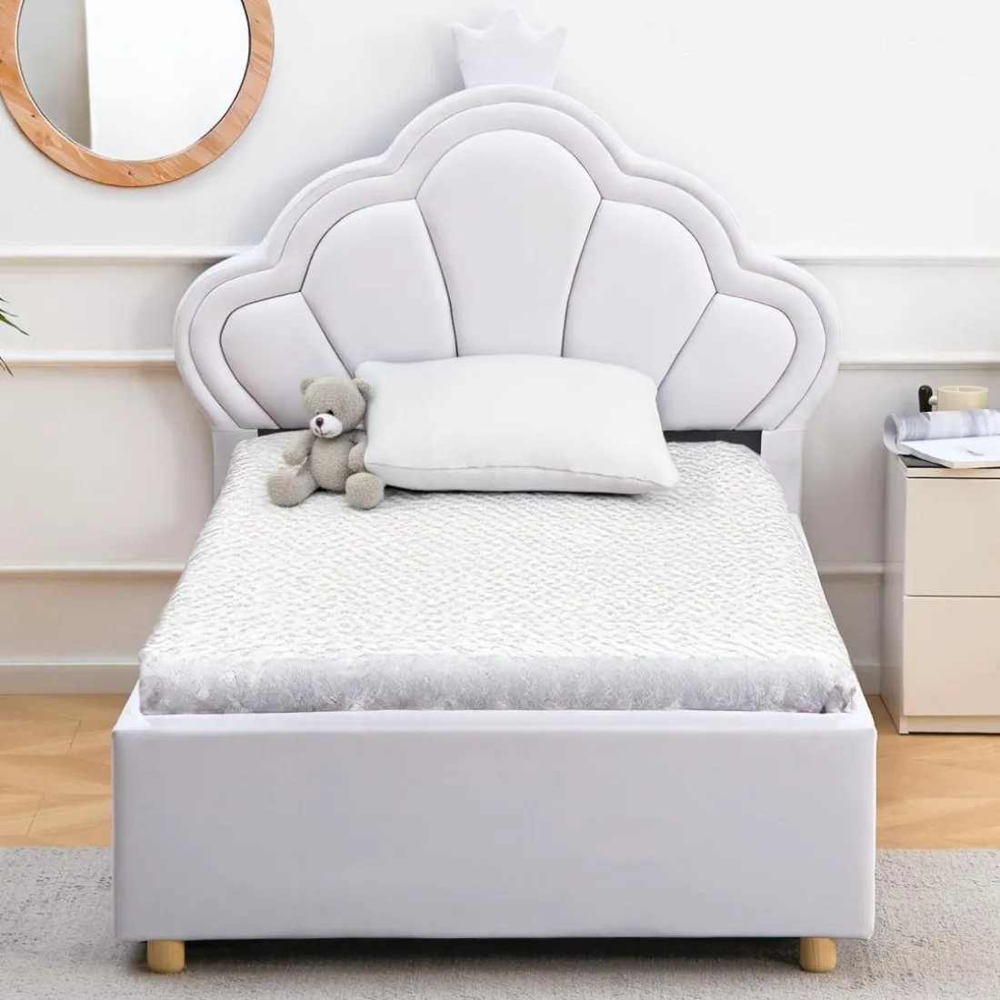 Lit simple avec tête de lit coquillage et sommier relevable Queenie Simili Blanc