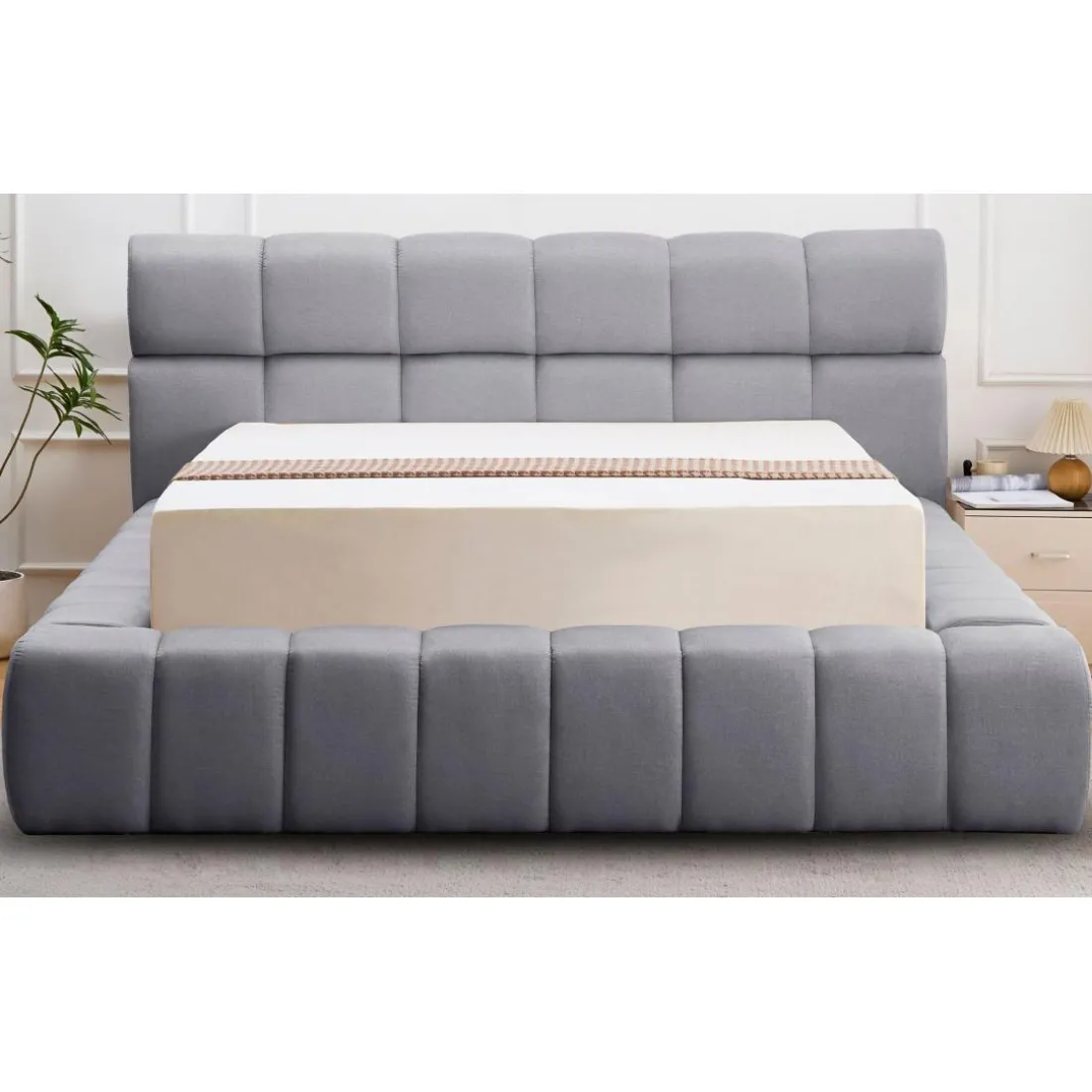 Lit-coffre complet avec rebords matelassés Challow Tissu Gris foncé