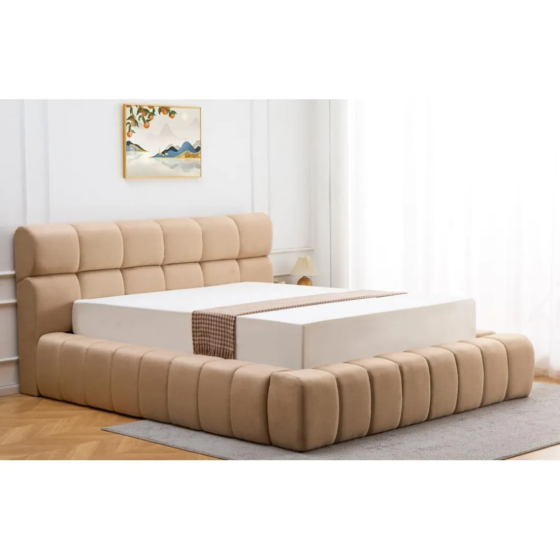 Lit-coffre complet avec rebords matelassés Tissu Beige Challow