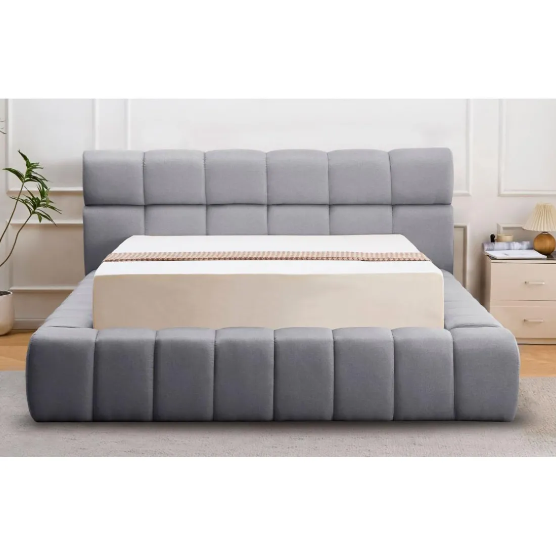 Lit-coffre complet avec rebords matelassés Tissu Gris foncé Challow