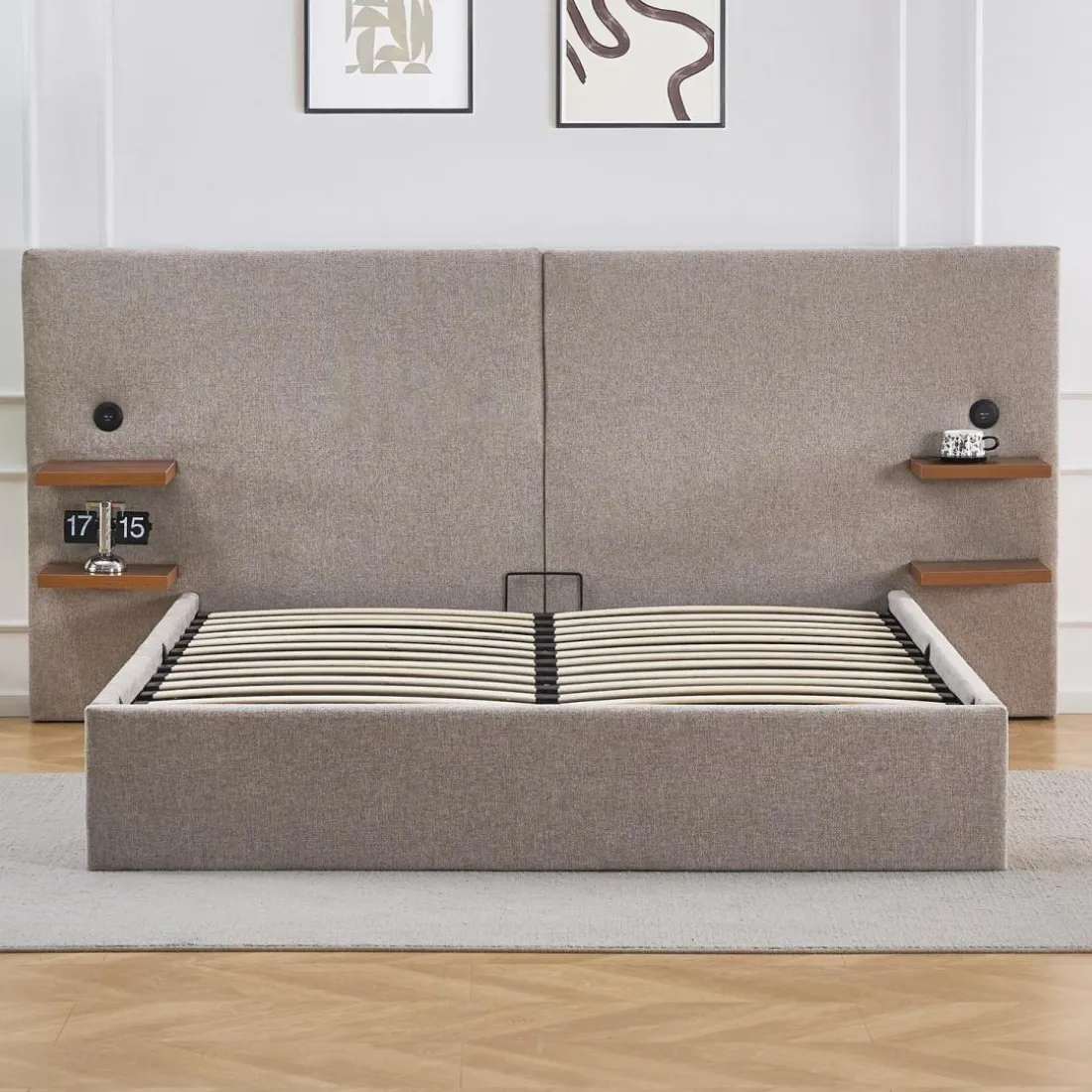 Lit-coffre complet avec tablettes et ports USB intégrés Lukas Tissu Taupe clair