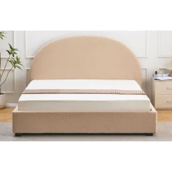 Lit-coffre complet avec tête de lit arrondie Tissu bouclette Beige