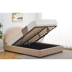 Lit-coffre complet avec tête de lit arrondie Tissu bouclette Beige