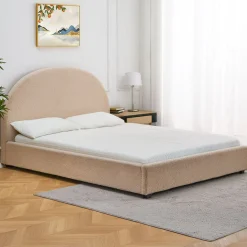 Lit-coffre complet avec tête de lit arrondie Tissu bouclette Beige