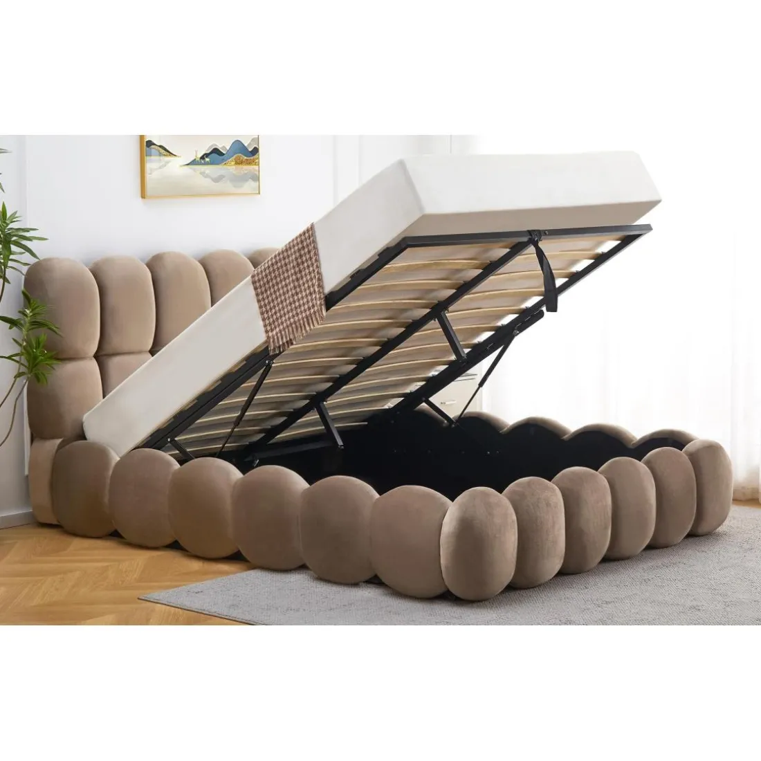 Lit-coffre design boule Bilbola avec sommier relevable Velours Taupe