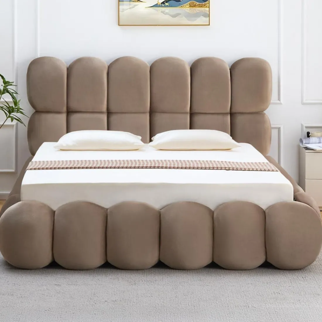 Lit-coffre design Taupe boule Bilbola avec sommier relevable Velours
