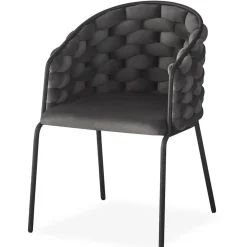 Lot de 6 chaises design au dossier arrondi style maillage Tricotane Velours Gris et Métal Noir