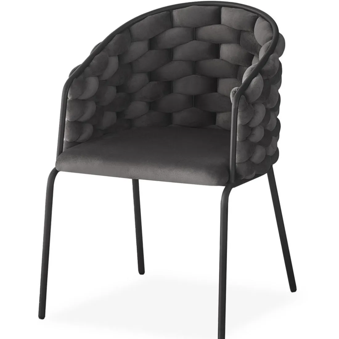 Lot de 6 chaises design au dossier arrondi style maillage Tricotane Velours Gris et Métal Noir