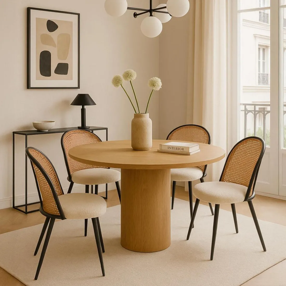 Lot de 6 chaises design Showan avec cannage Rotin et Tissu bouclette Crème