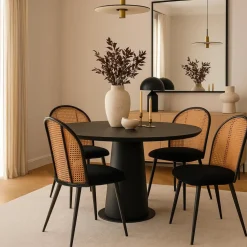 Lot de 2 chaises design Showan avec cannage Rotin et Tissu bouclette Noir