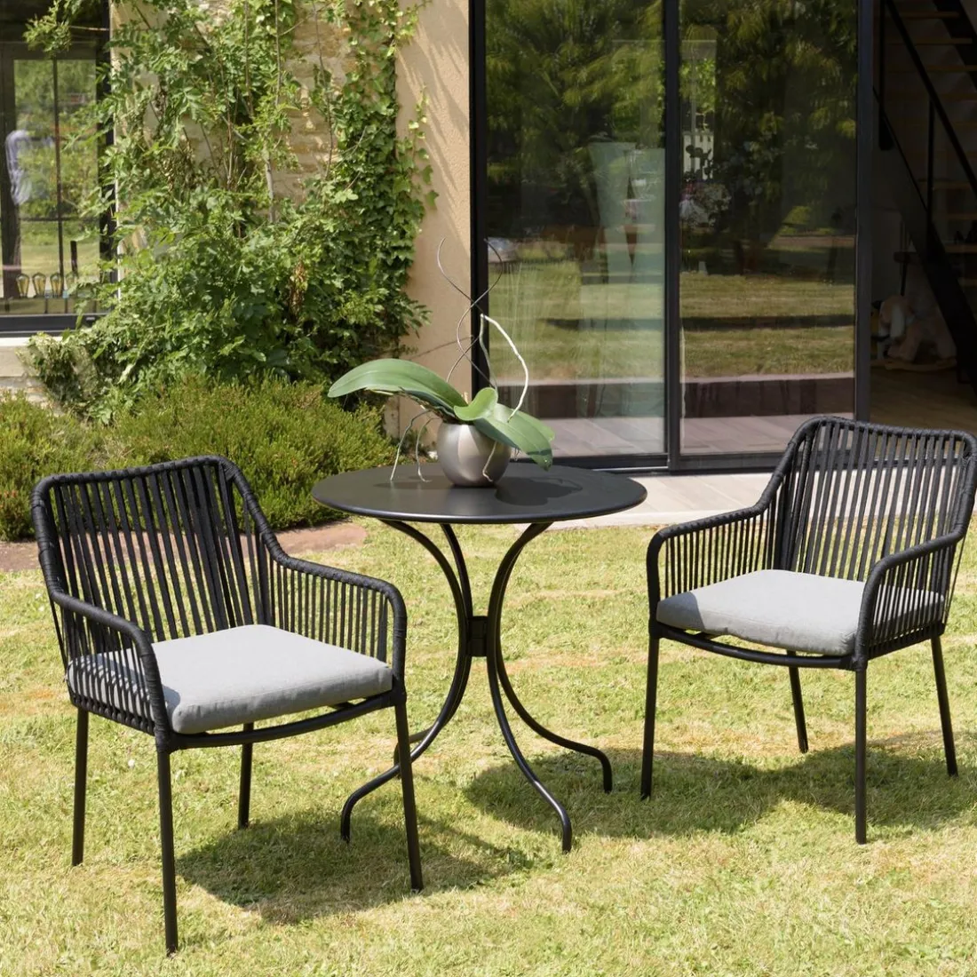 Lot de 2 fauteuils cordage noir coussin assise gris anthracite MALO