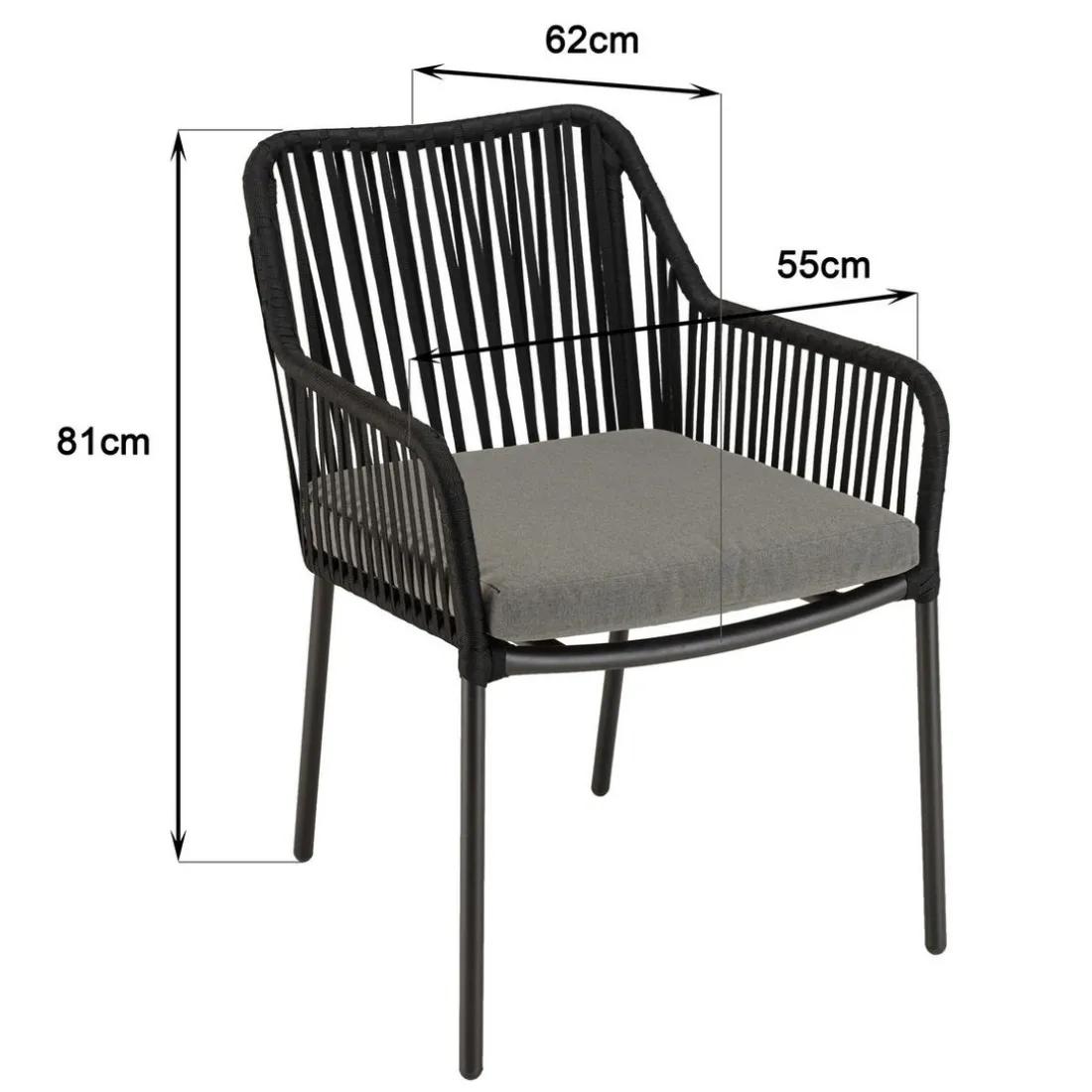 Lot de 2 fauteuils cordage noir coussin assise gris anthracite MALO