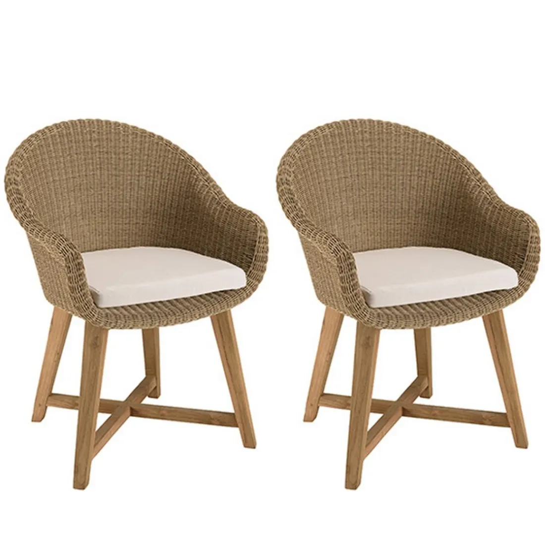 Lot de 2 fauteuils jardin rotin synth. et coussin pieds croisés KALLY