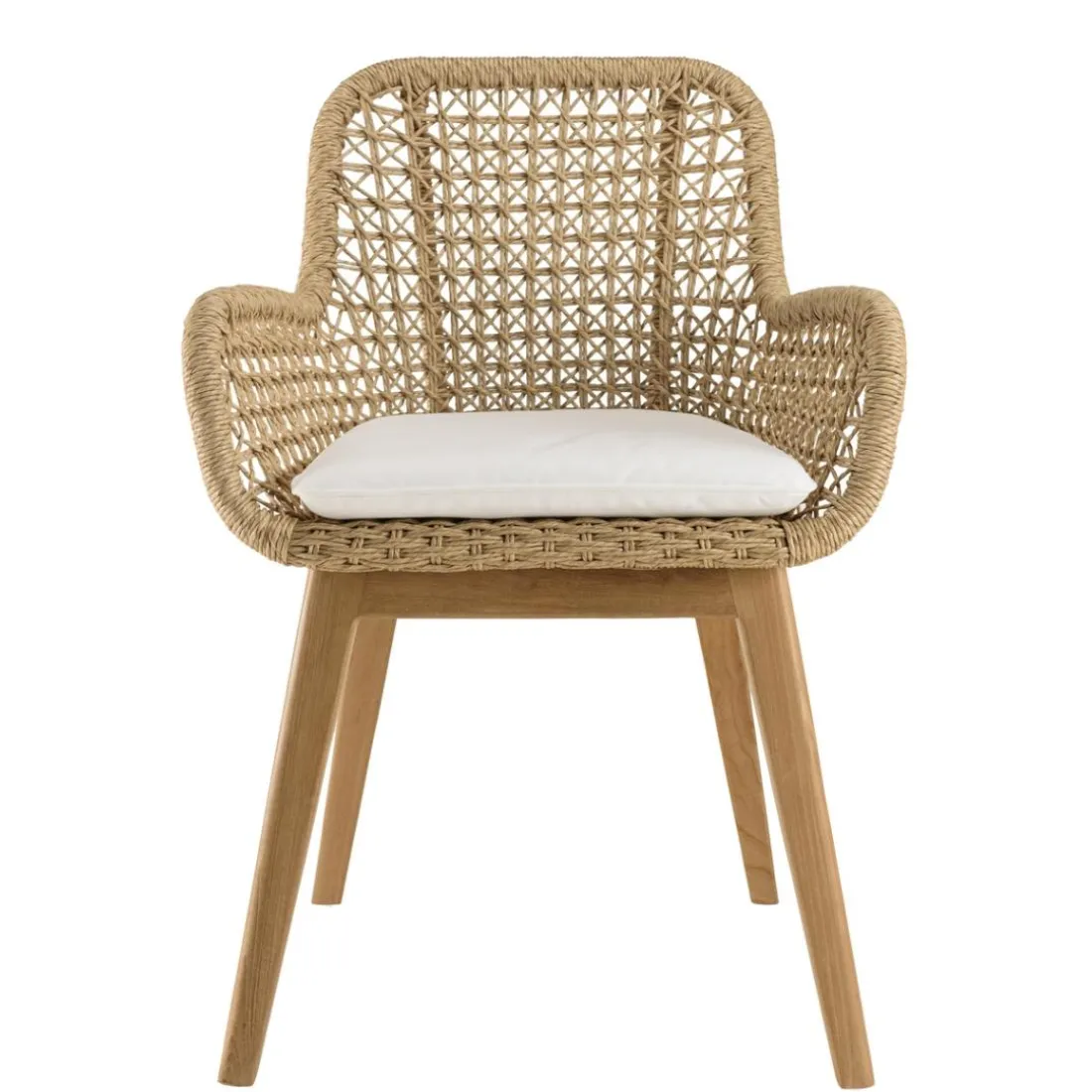 Lot de 2 fauteuils jardin teck rotin synthétique et coussin blanc VALERIA