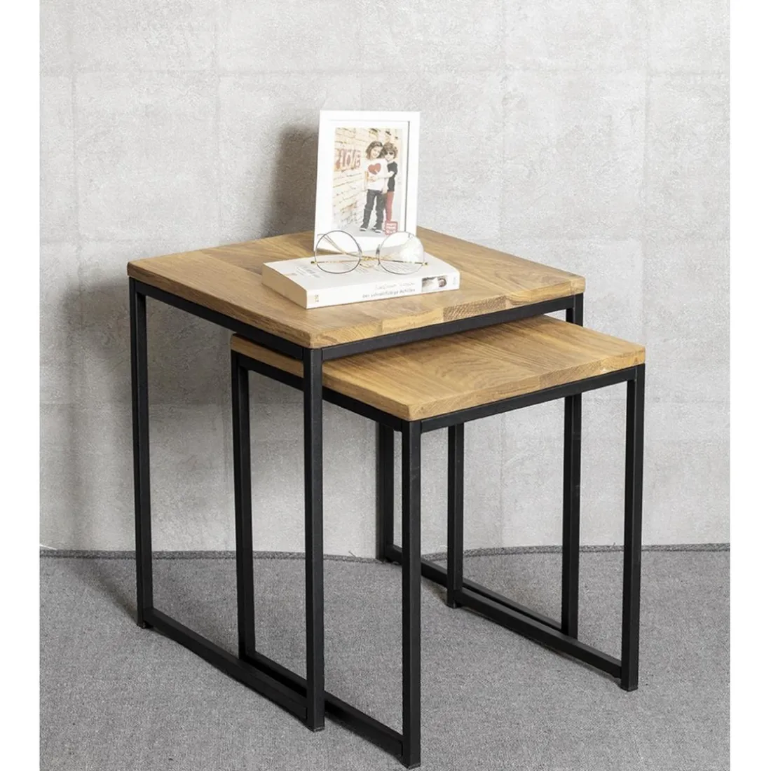 Lot de 2 tables d'appoint gigognes plateau chêne