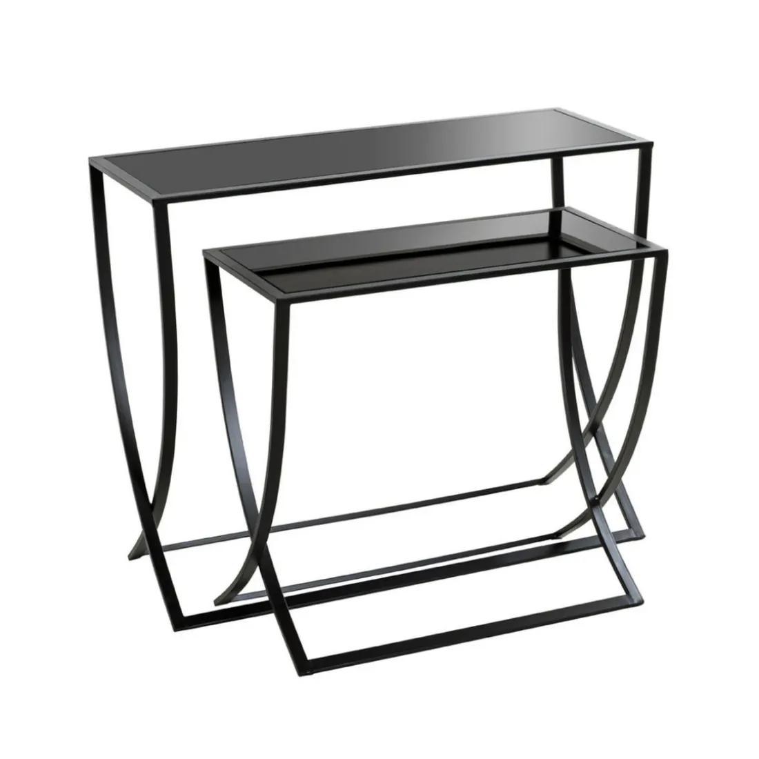 Lot de 2 tables d'appoint laqué Noir en Métal et en Verre trempé