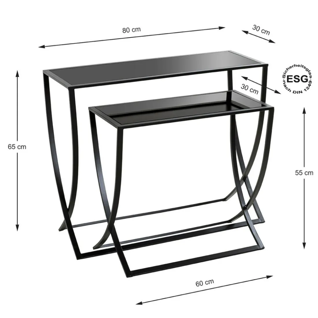 Lot de 2 tables d'appoint laqué Noir en Métal et en Verre trempé