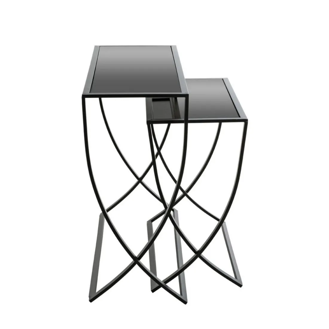 Lot de 2 tables d'appoint laqué Noir en Métal et en Verre trempé