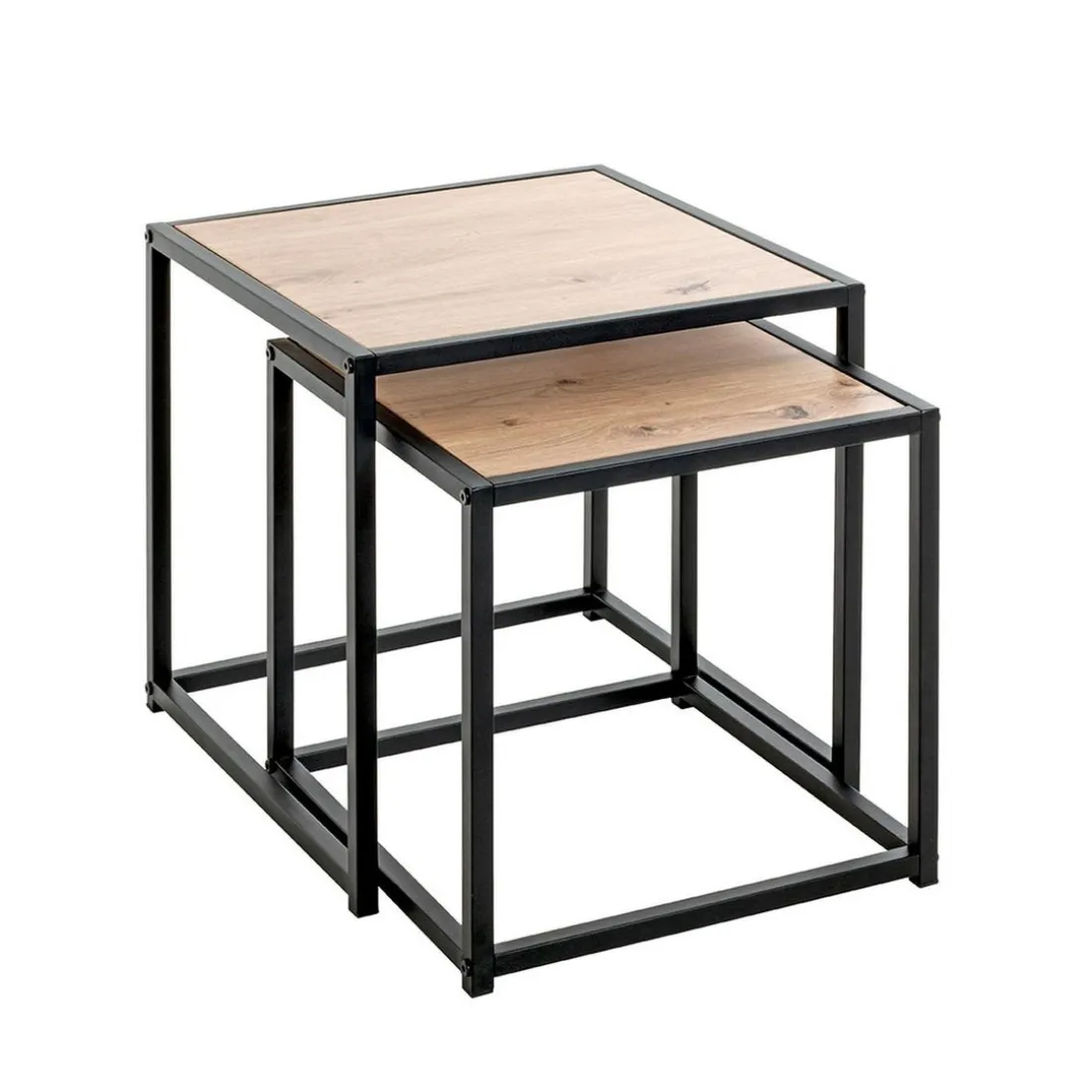 Lot de 2 tables d'appoint métal noir laqué plateau décor chène