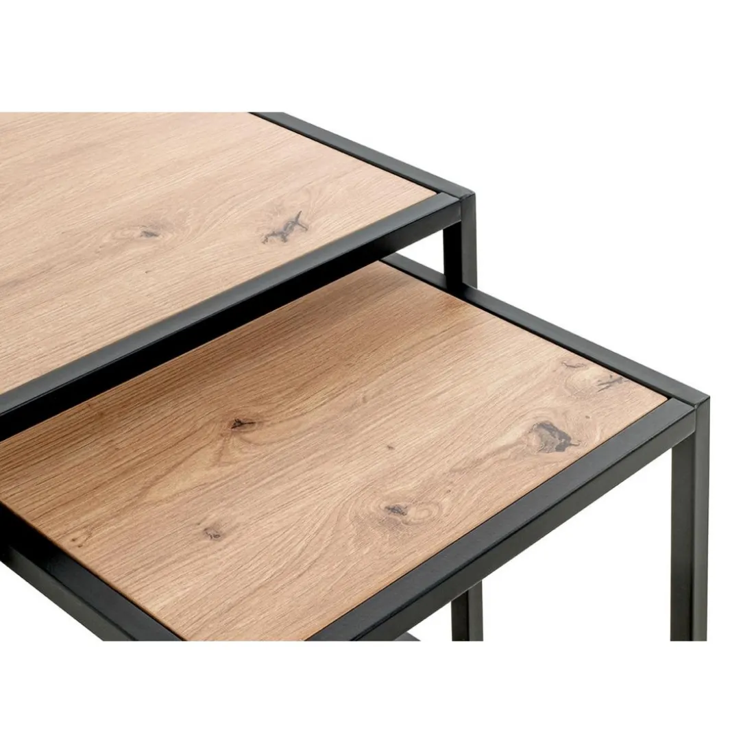 Lot de 2 tables d'appoint métal noir laqué plateau décor chène