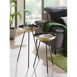 lot de 2 tables d'appoint plateau rond et structure en tube d'acier laqué noir