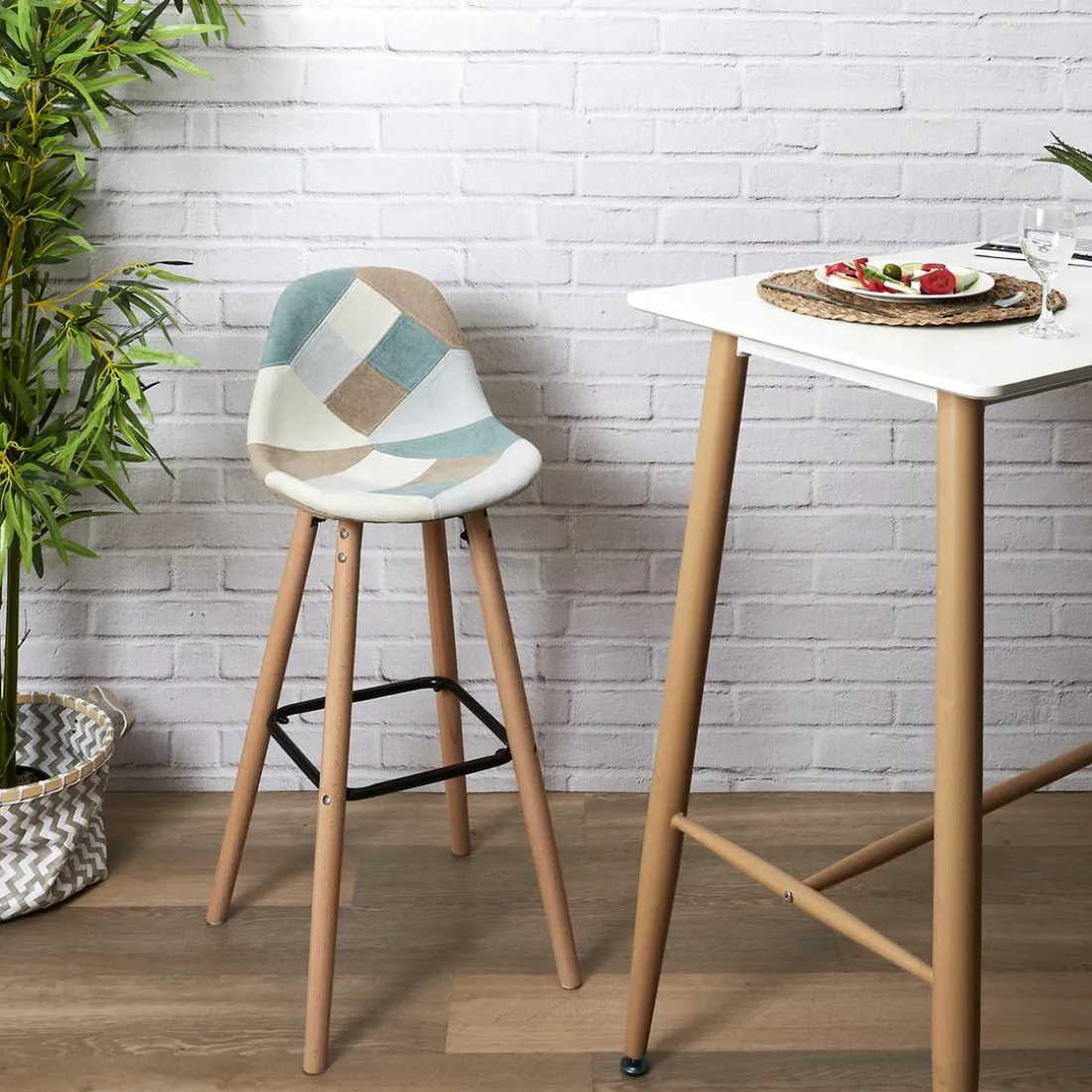 Lot de 2 Tabourets De Bar Patchwork Bleu Clair