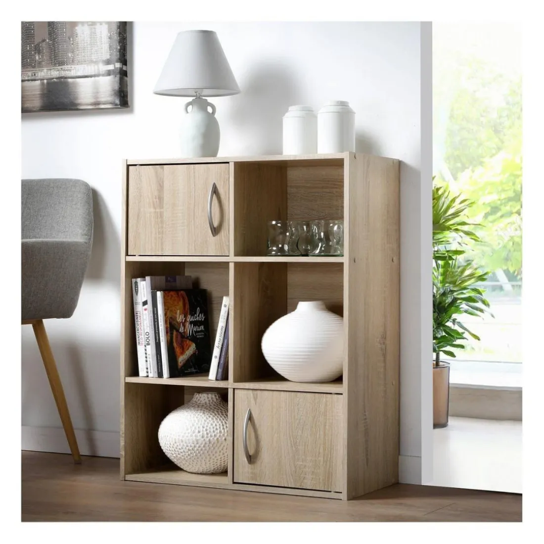 Meuble à 6 cases et 2 portes en bois beige