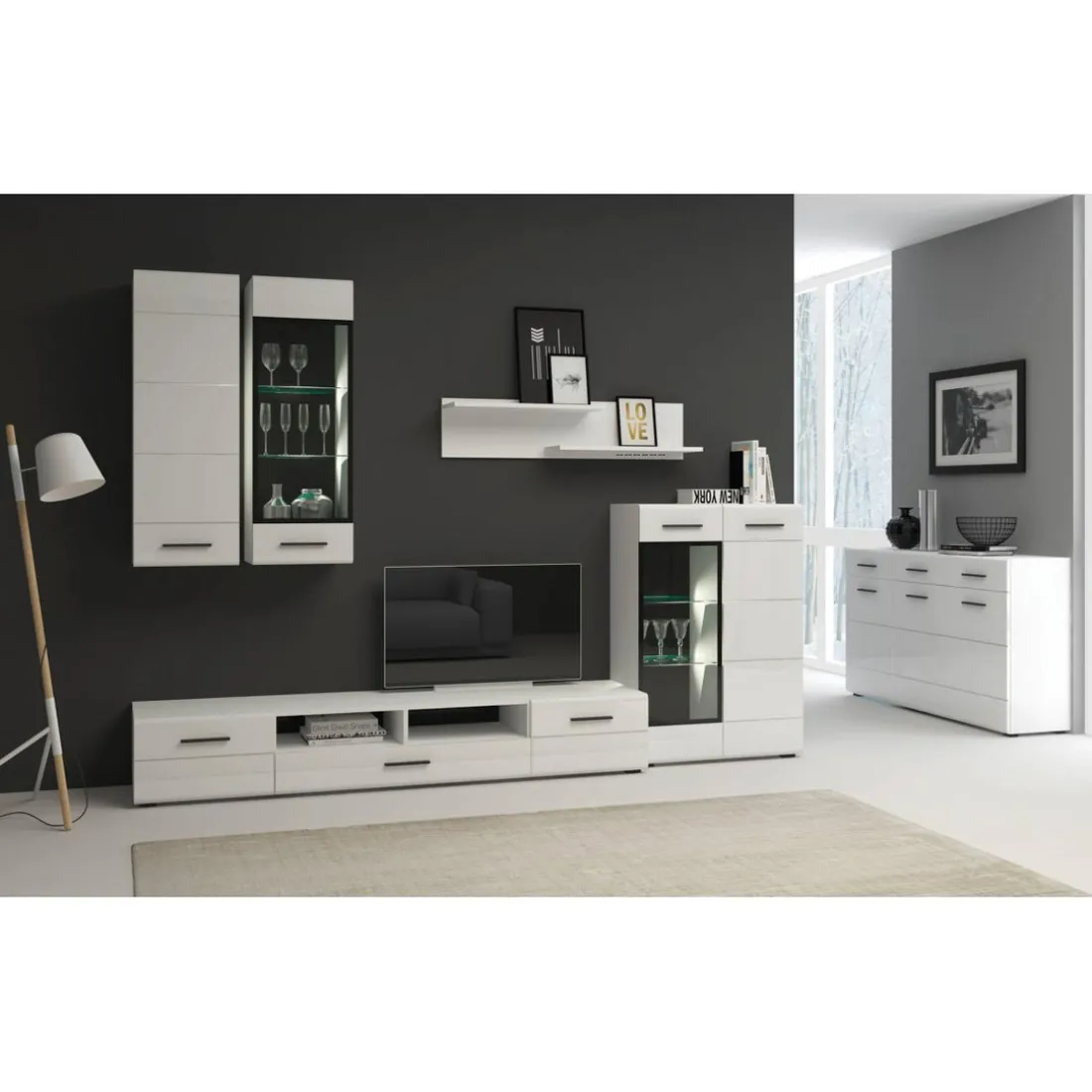 Meuble à étagères avec porte vitrée L38xH110cm Blanc brillant