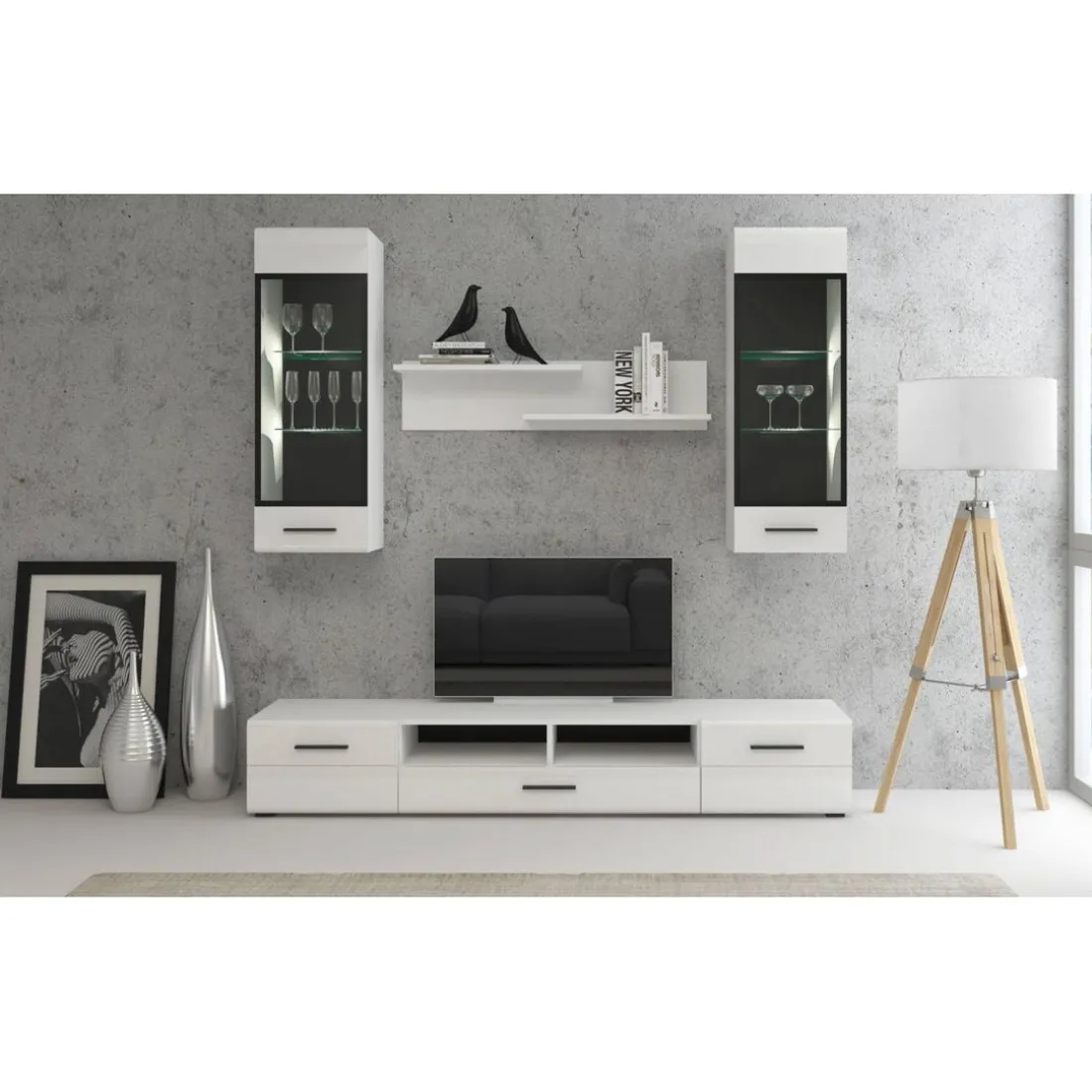 Meuble à étagères avec porte vitrée L38xH110cm Blanc brillant